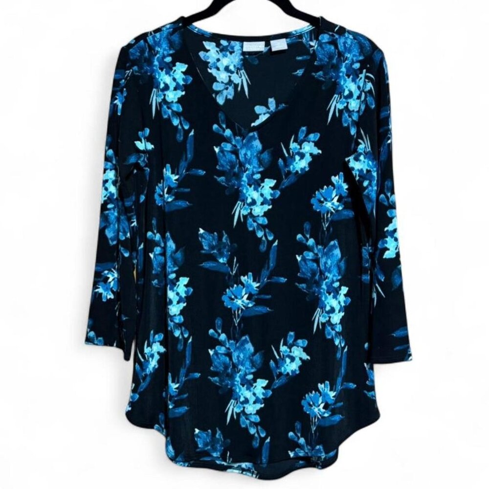 Chico's travelers size 0 S floral print slinky knit anti-wrinkle top v-neck